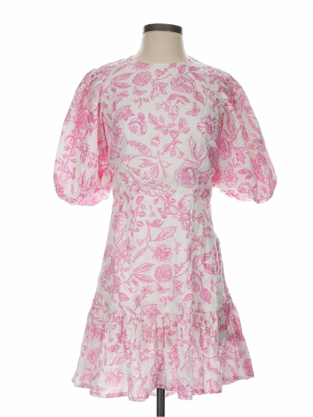 White and Pink Floral Puff-Sleeve Casual Dress